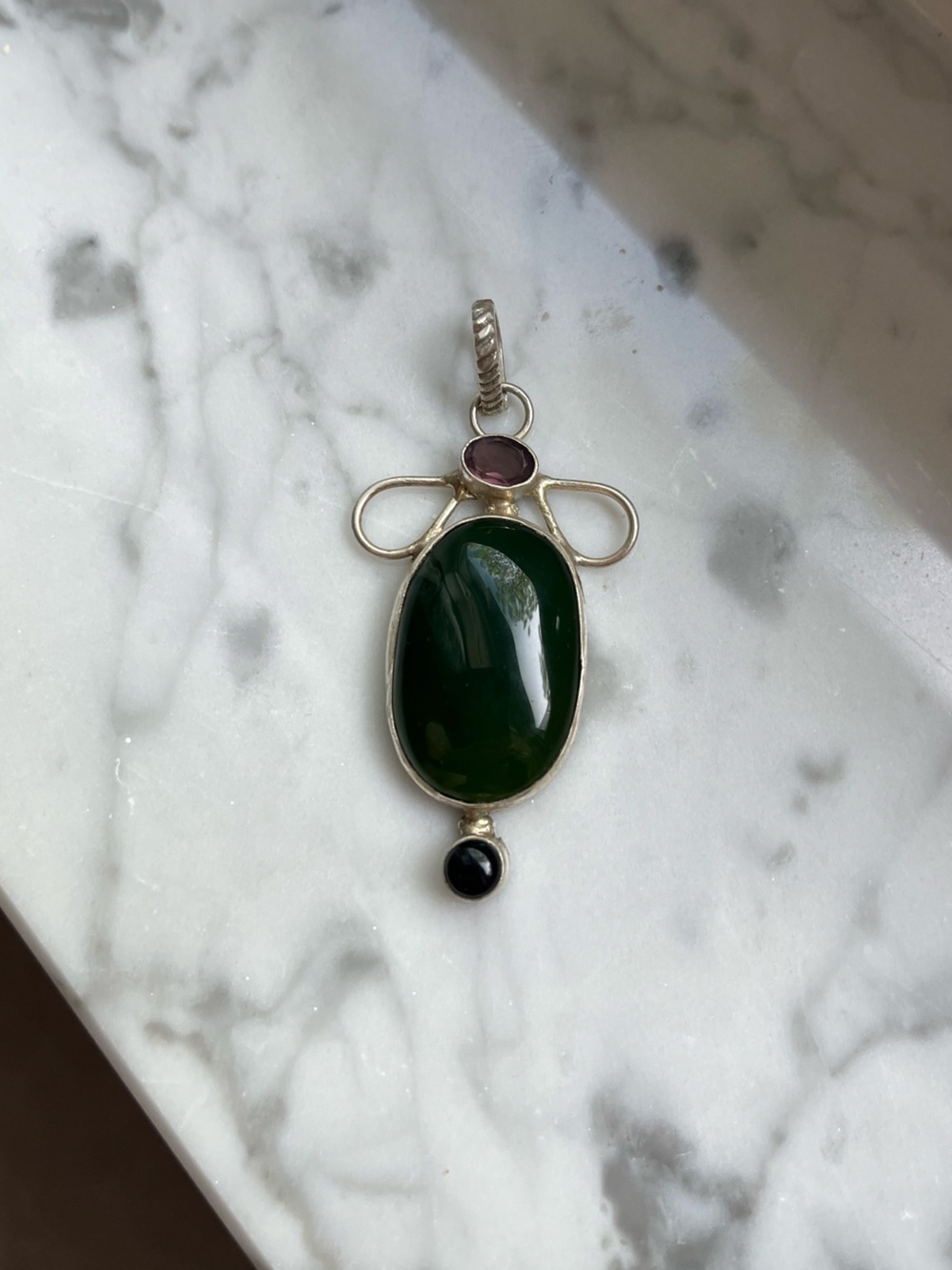 Green Gem Silver Pendant with Accent Stones